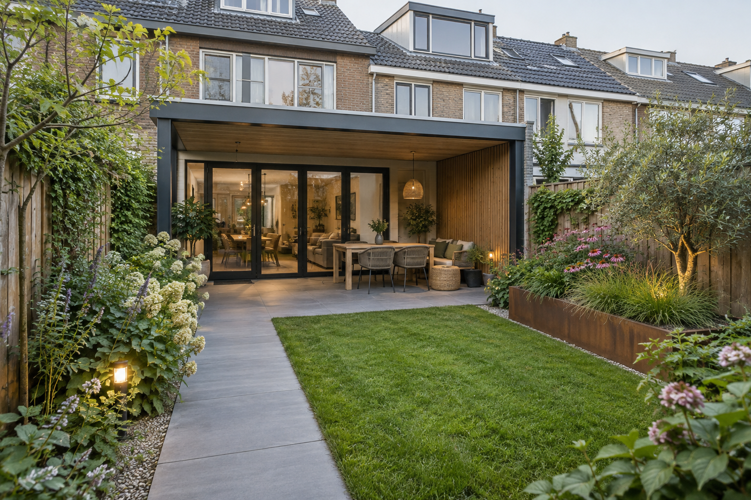 Illustratie: kleine tuin met overkapping en vrije looproute